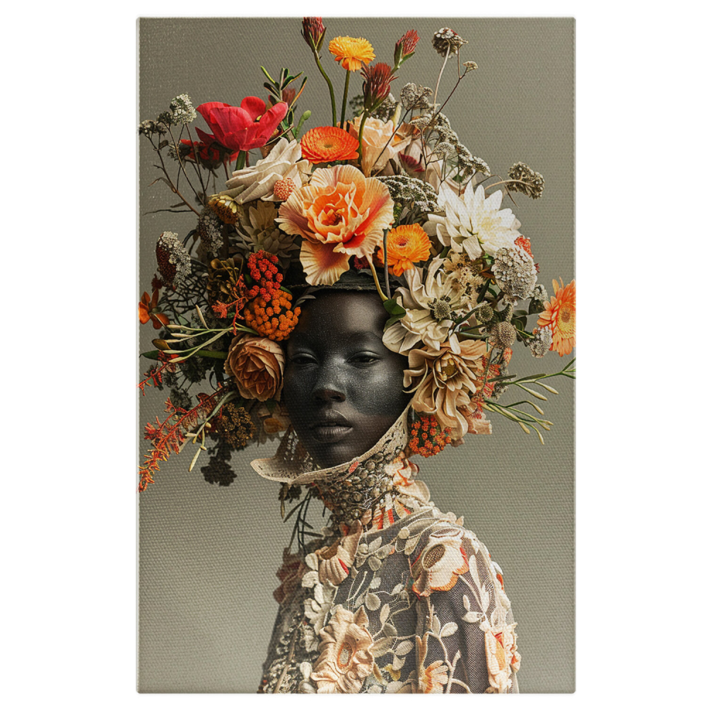 Femeie cu Capul Acoperit de Flori Colorate - Pictură Digitală cu Privire Tristă, Marime 40x25CM [1]