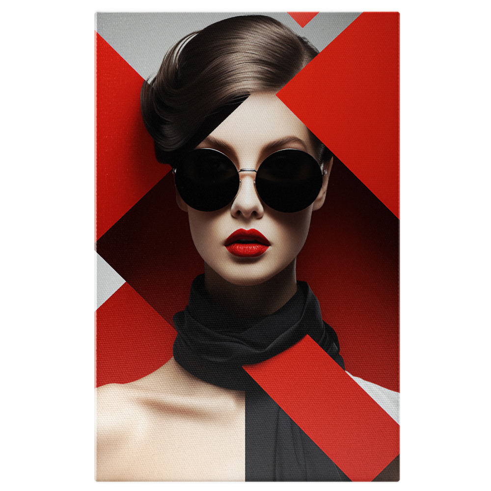 Tablou Canvas - Femeie cu Ochelari Negri și Eșarfă Neagră la Gât, Pictură Digitală Abstractă, Marime 40x25CM [1]