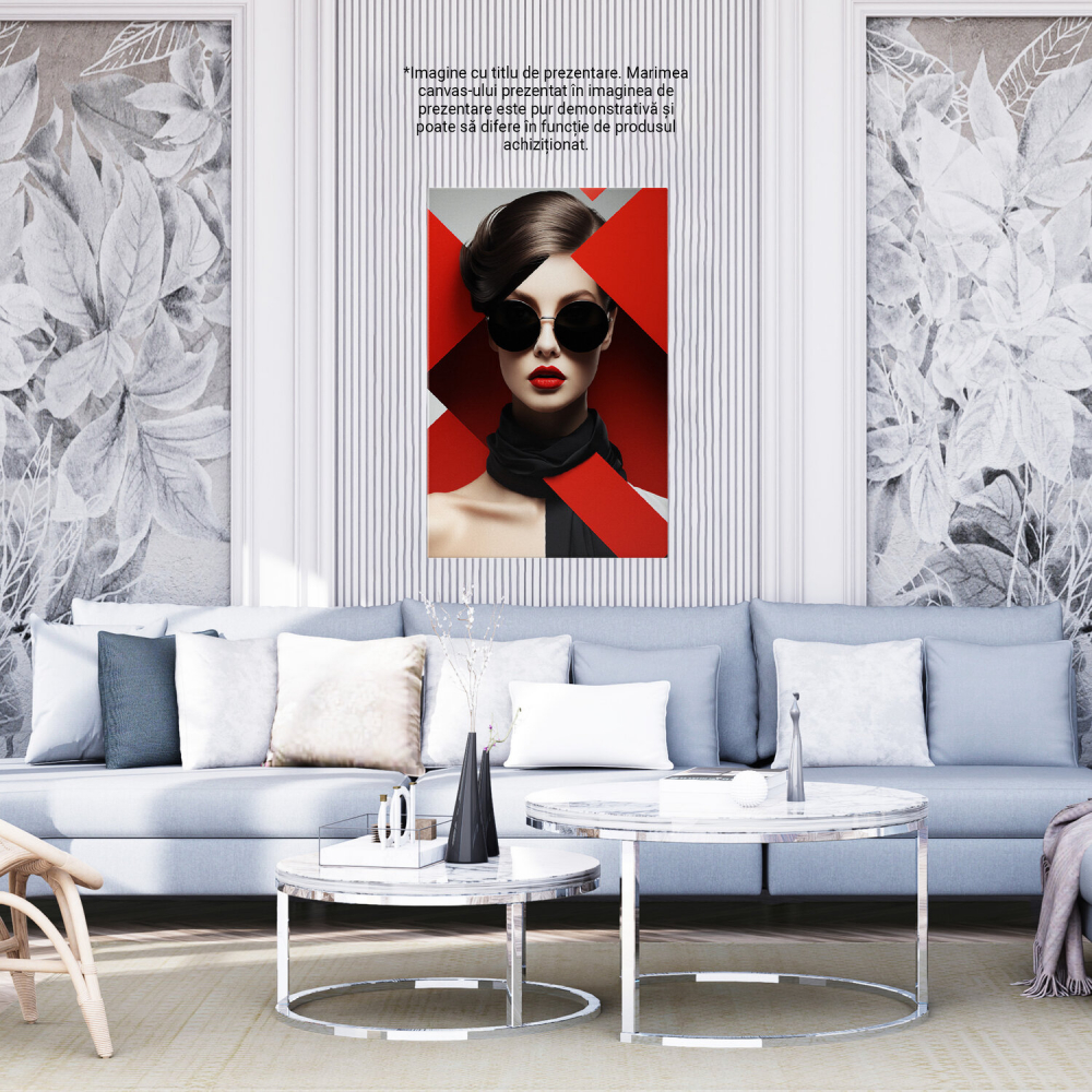 Tablou Canvas - Femeie cu Ochelari Negri și Eșarfă Neagră la Gât, Pictură Digitală Abstractă, Marime 40x25CM [4]