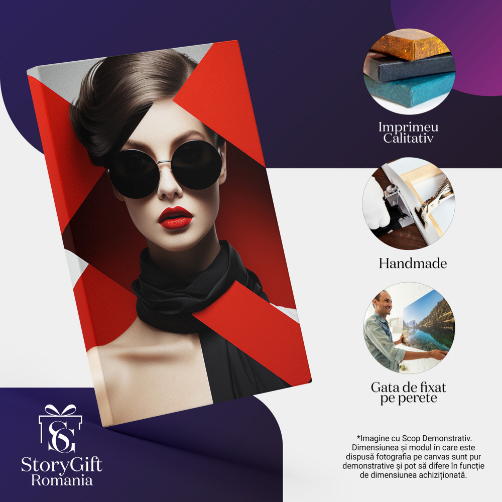 Tablou Canvas - Femeie cu Ochelari Negri și Eșarfă Neagră la Gât, Pictură Digitală Abstractă, Marime 40x25CM [2]