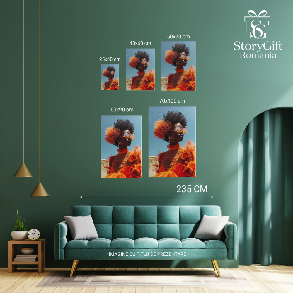 Stylish Woman with Glasses and Orange Pom Pom in Curly Hair – Orange Dress with Earrings – Digital Art, Marime 40x25CM [4]