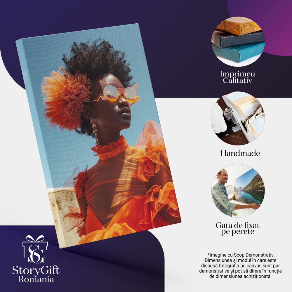 Stylish Woman with Glasses and Orange Pom Pom in Curly Hair – Orange Dress with Earrings – Digital Art, Marime 40x25CM [2]