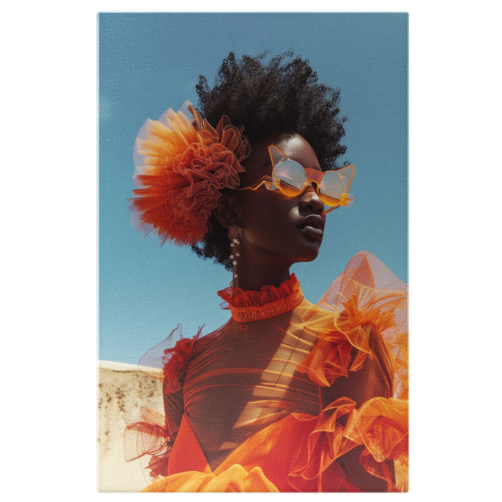 Stylish Woman with Glasses and Orange Pom Pom in Curly Hair – Orange Dress with Earrings – Digital Art, Marime 40x25CM [1]