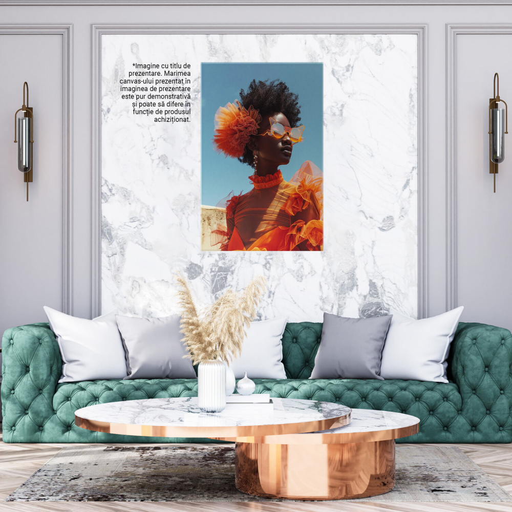 Stylish Woman with Glasses and Orange Pom Pom in Curly Hair – Orange Dress with Earrings – Digital Art, Marime 40x25CM [3]