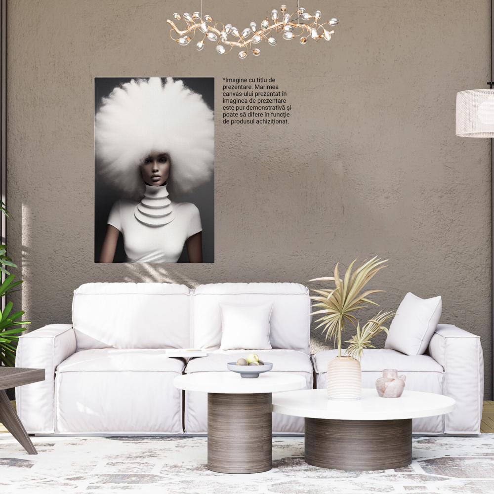 Femeie cu Păr Voluminos Alb pe Fundal Gri Întunecat în Bluza Albă cu Model la Gât - Pictură Digitală, Marime 40x25CM [8]