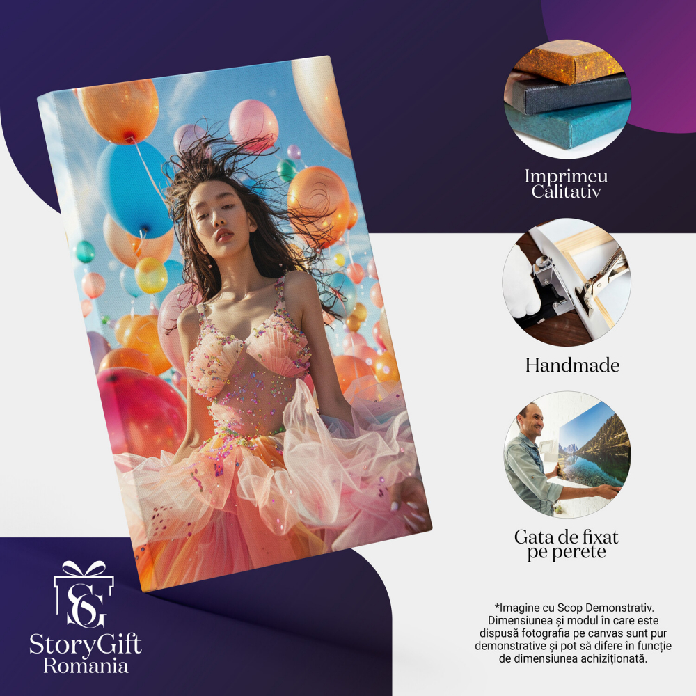 Femeie cu Rochie Tutu Roz într-o Mare de Baloane - Pictură Digitală Asiatica, Marime 40x25CM [2]