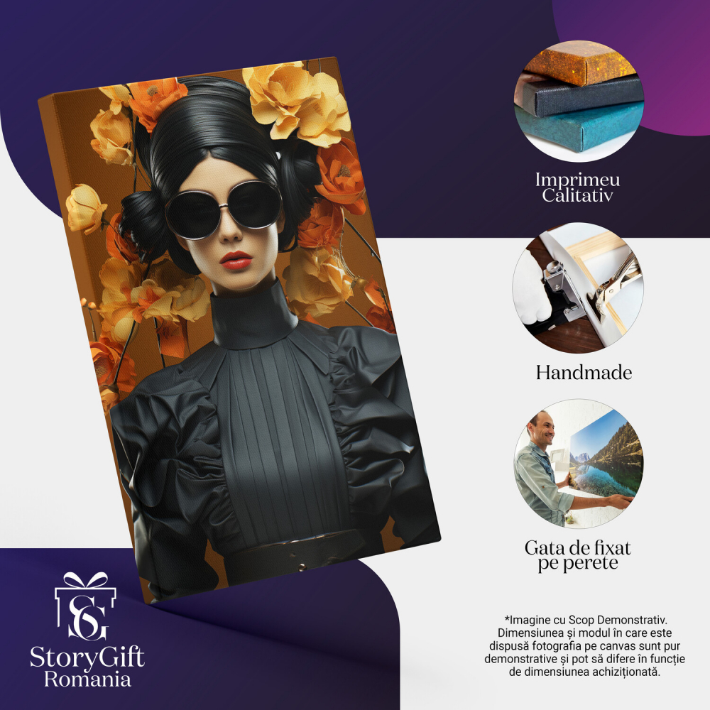 Tablou Canvas Femeie Brunetă în Negru cu Flori - Artă Digitală Avangardistă, Marime 40x25CM [2]