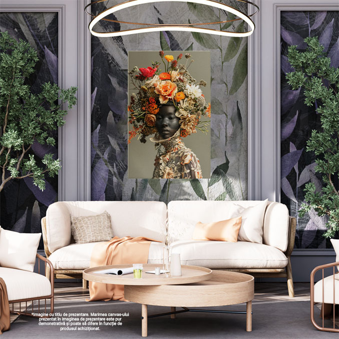 Tablou Canvas:  Femeie Mulatra cu Capul Acoperit de Flori Colorate cu Privire Trista in Rochie Croita Manual Pictura Digitala 40x25CM [2]