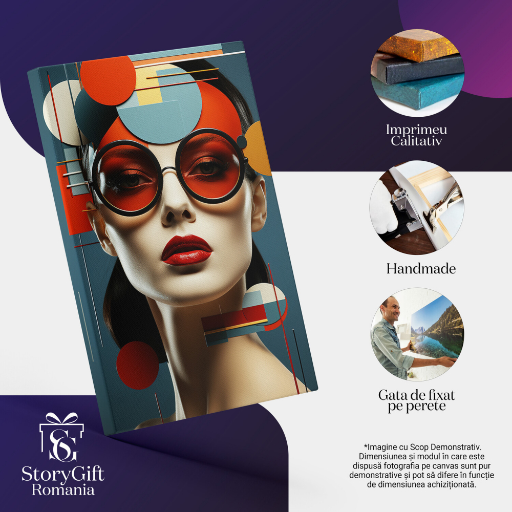 Tablou Canvas Femeie cu Buze Roșii și Ochelari Geometrici, Marime 100x70CM [2]