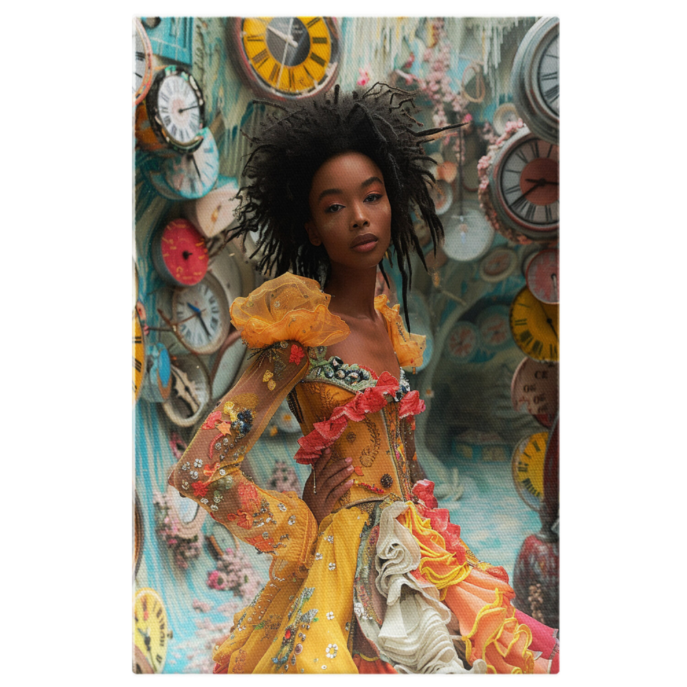 Femeie cu Păr Cret Brunet în Rochie Galbenă - Tablou Canvas, Marime 40x25CM [1]