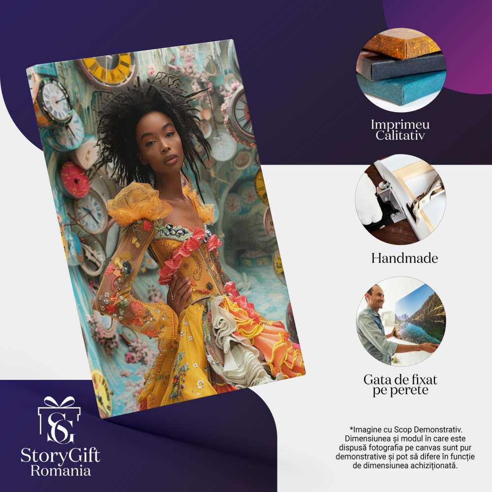 Femeie cu Păr Cret Brunet în Rochie Galbenă - Tablou Canvas, Marime 40x25CM [2]