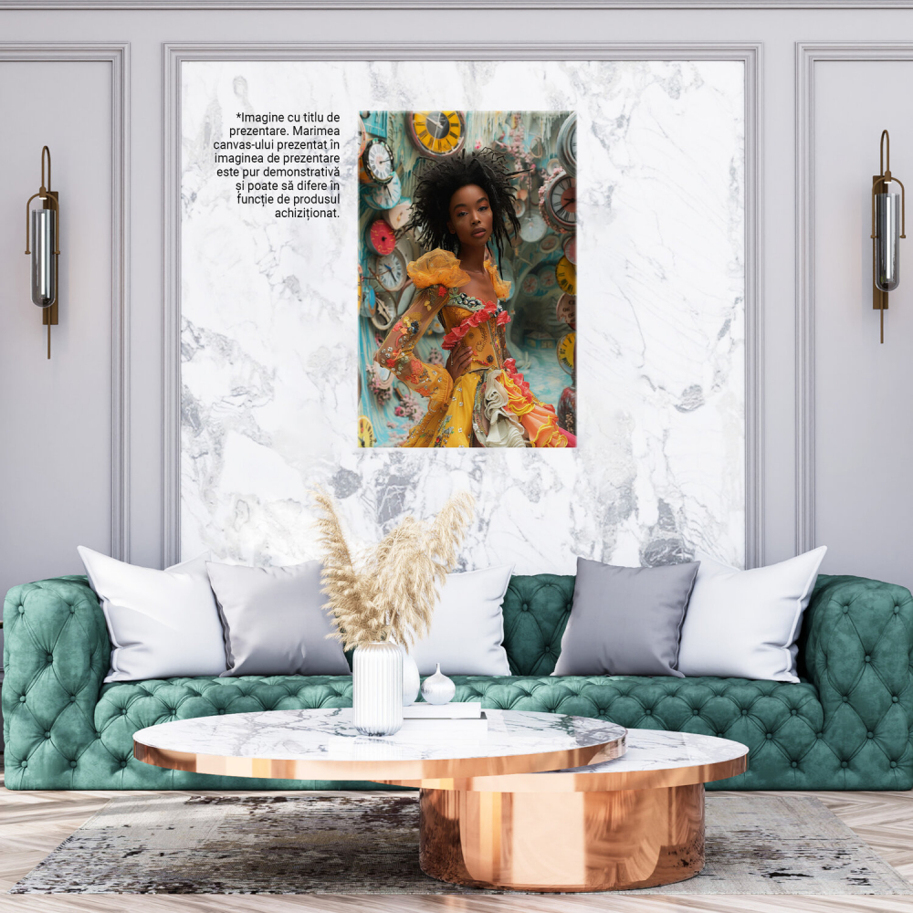 Femeie cu Păr Cret Brunet în Rochie Galbenă - Tablou Canvas, Marime 40x25CM [3]