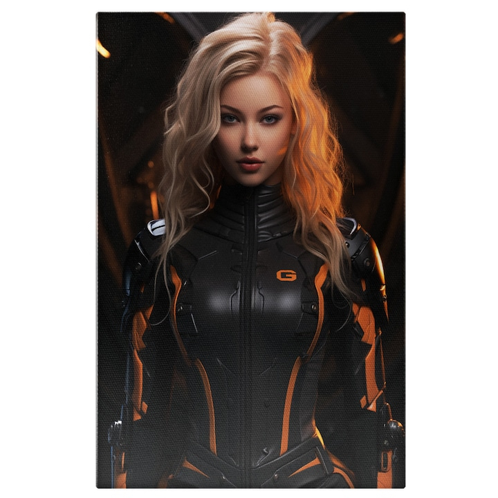 Tablou Canvas: Femeie spion  Frumusete, Blond, intuneric, Moda, Design vestimentar, Fotomodel, Caracter fictional, Pictura Digitala 40x25CM [1]