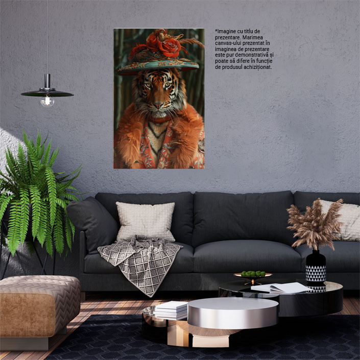 Tablou Canvas Feminitatea Tigrului cu Pălărie Turcoaz și Flori Roșii Ochi Captivanți și Haină cu Blană , Pictura Digitala 40x25CM [2]