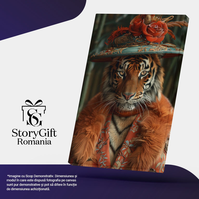 Tablou Canvas Feminitatea Tigrului cu Pălărie Turcoaz și Flori Roșii Ochi Captivanți și Haină cu Blană , Pictura Digitala 40x25CM [5]