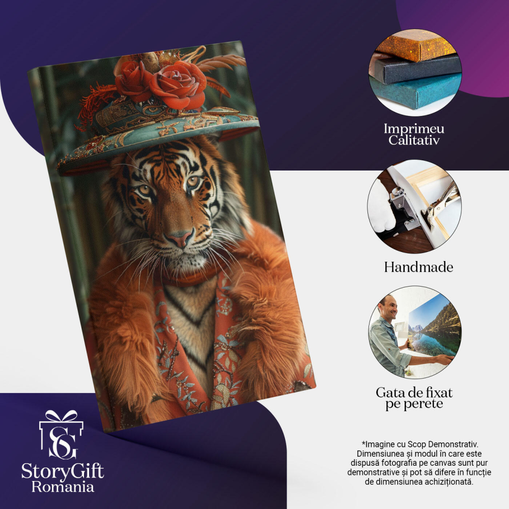 Tablou Canvas Feminitatea Tigrului cu Pălărie Turcoaz și Flori Roșii Ochi Captivanți și Haină cu Blană , Pictura Digitala 40x25CM [3]