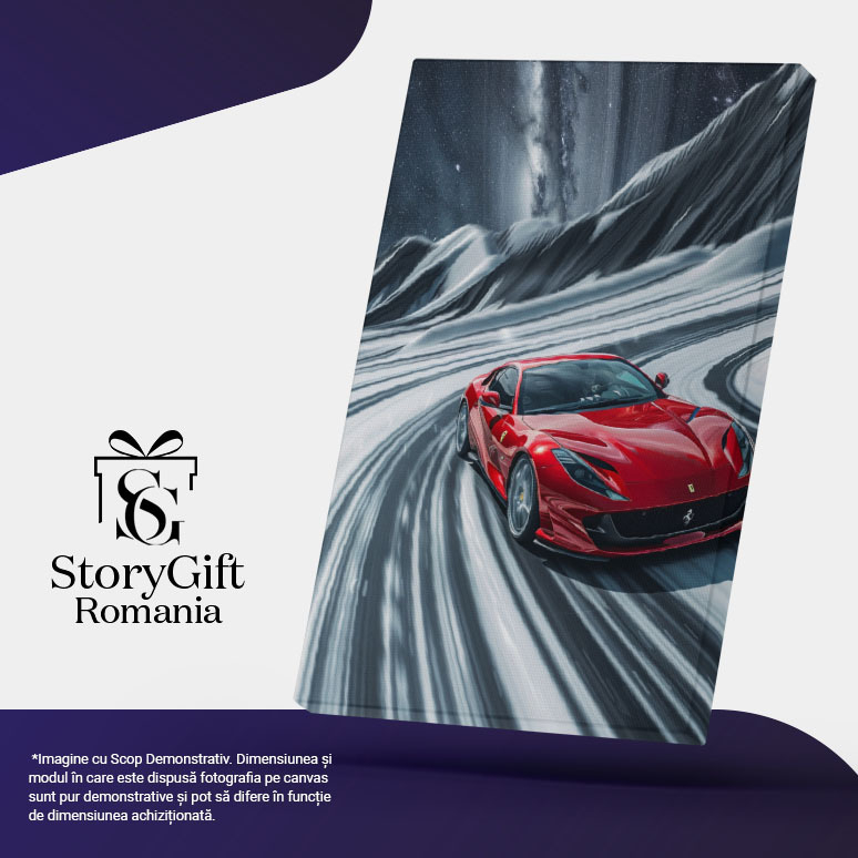 Tablou Canvas  Ferarri Super Car Masina de Lux pentru Iubitorii de Viteza de Culoare Rosie pe Muntele cu Zapada , Pictura Digitala 40x25CM [5]