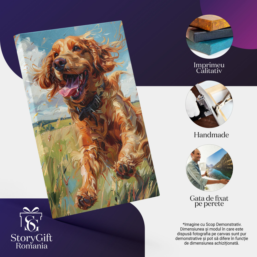 Tablou Canvas Câine Fericit Zburdând pe Câmpul Verde cu Blana Portocalie, Marime 40x25CM [2]