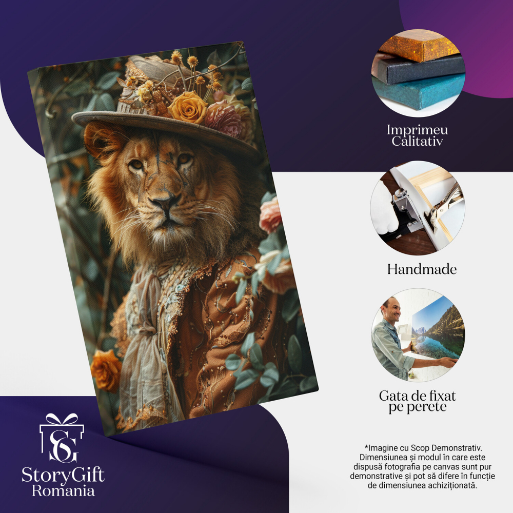 Domnul Leu cu Pălărie Gri și Trandafiri - Tablou Canvas, Marime 40x25CM [2]