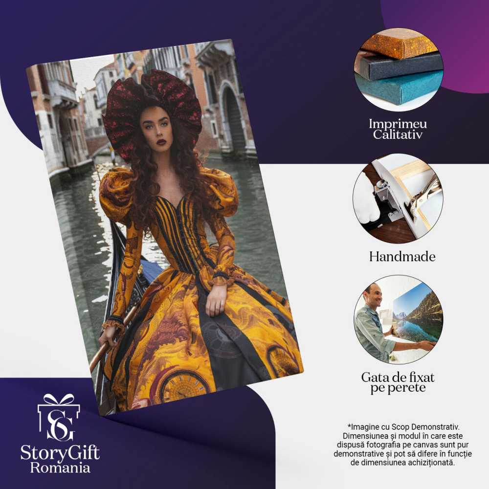 Tablou Canvas: Festival Venețian Doamna în Rochie Galbenă din Bărcuța cu Vâslă Elegantă Pictura Digitala 40x25CM [3]
