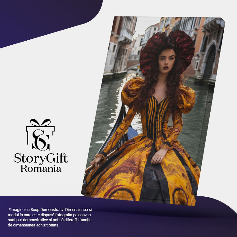 Tablou Canvas: Festival Venețian Doamna în Rochie Galbenă din Bărcuța cu Vâslă Elegantă Pictura Digitala 40x25CM [5]