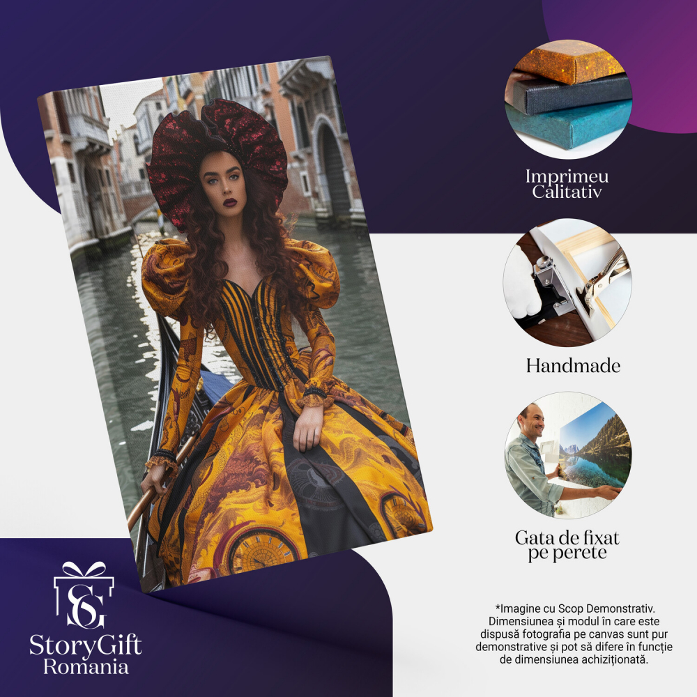 Festival Venetian - Doamnă în Rochie Galbenă pe Bărcuță cu Vâsle Elegante - Pictură Digitală, Marime 40x25CM [2]