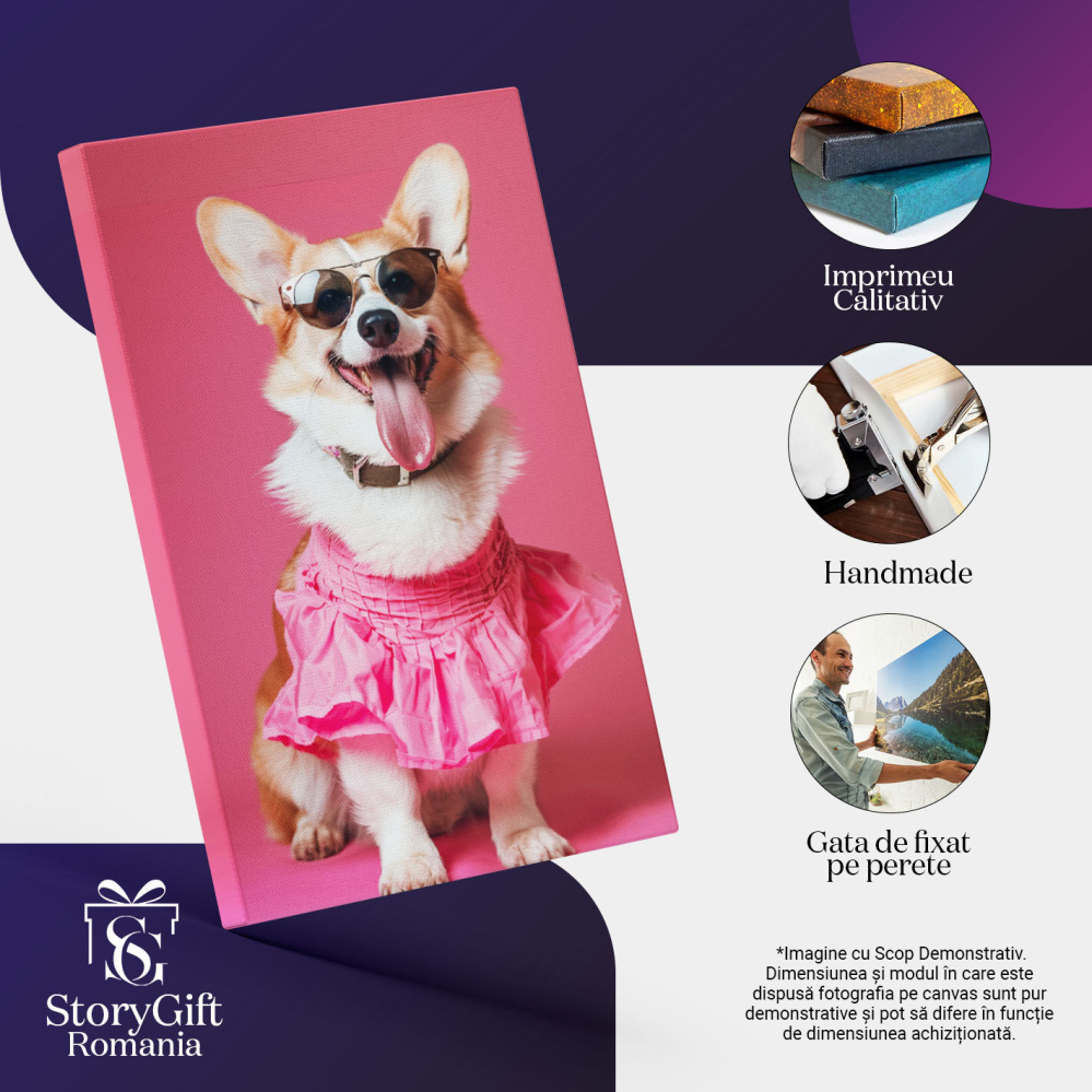 Tablou Canvas Fetița Corgi Cățelușa Glamour în Rochie Roz de Vară și Ochelari de Soare , Pictura Digitala 40x25CM [3]