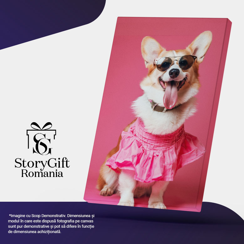 Tablou Canvas Fetița Corgi Cățelușa Glamour în Rochie Roz de Vară și Ochelari de Soare , Pictura Digitala 40x25CM [5]