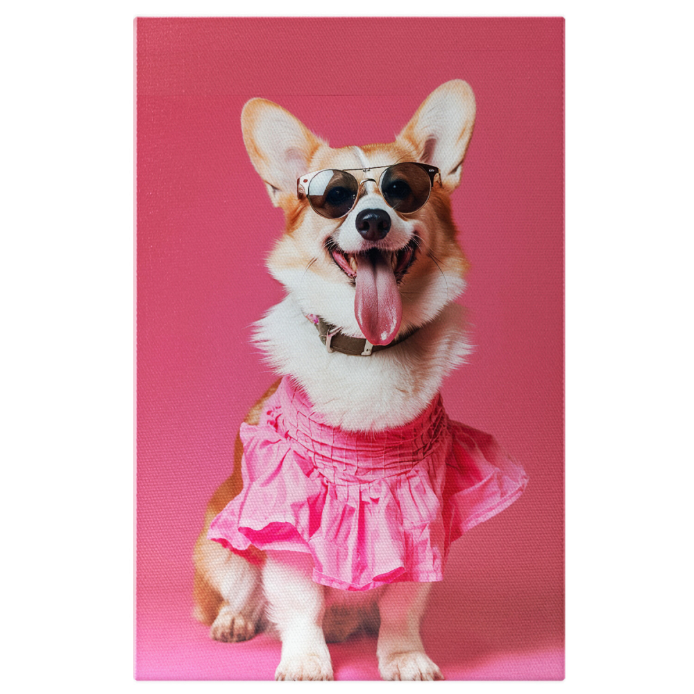 Tablou Canvas Fetița Corgi Glamour în Rochie Roz de Vară | Artă Digitală, Marime 40x25CM [1]