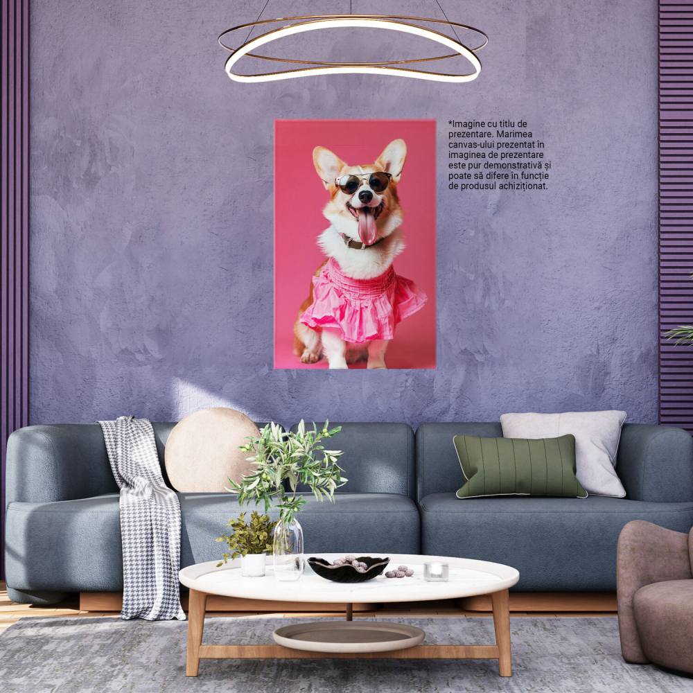 Tablou Canvas Fetița Corgi Glamour în Rochie Roz de Vară | Artă Digitală, Marime 40x25CM [3]