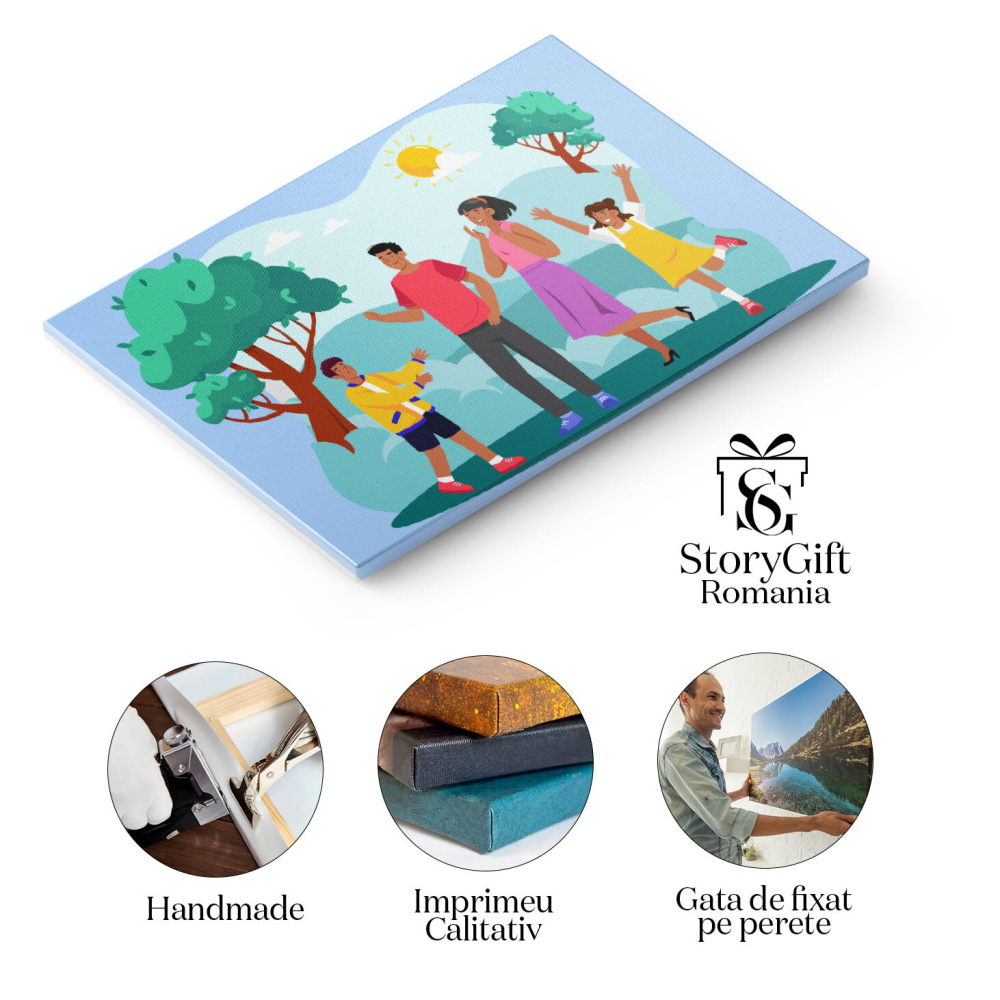 Tablou Canvas Fetita si Baietelul Fratiorii Veseli Impreuna cu Parintii in Parc cu Soarele pe Cer printre Copaci 40x25CM [2]