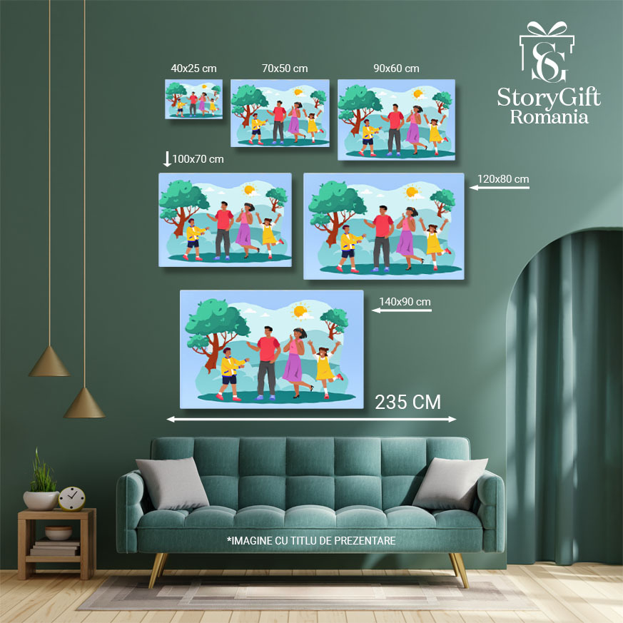 Tablou Canvas Fetita si Baietelul Fratiorii Veseli Impreuna cu Parintii in Parc cu Soarele pe Cer printre Copaci 40x25CM [5]
