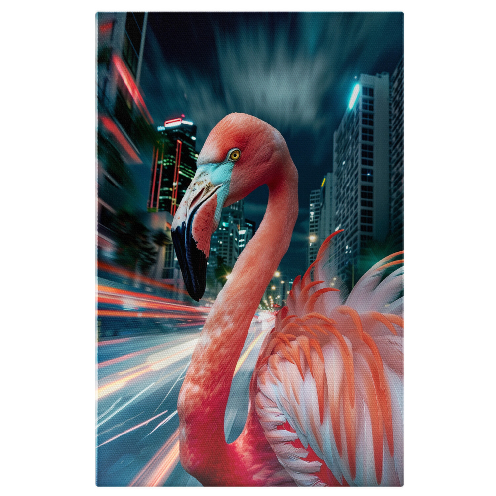 Tablou Canvas - Flamingoul Vitezoman cu Pene Roz Catifelate, Lumini în Voteză, Marime 40x25CM [1]