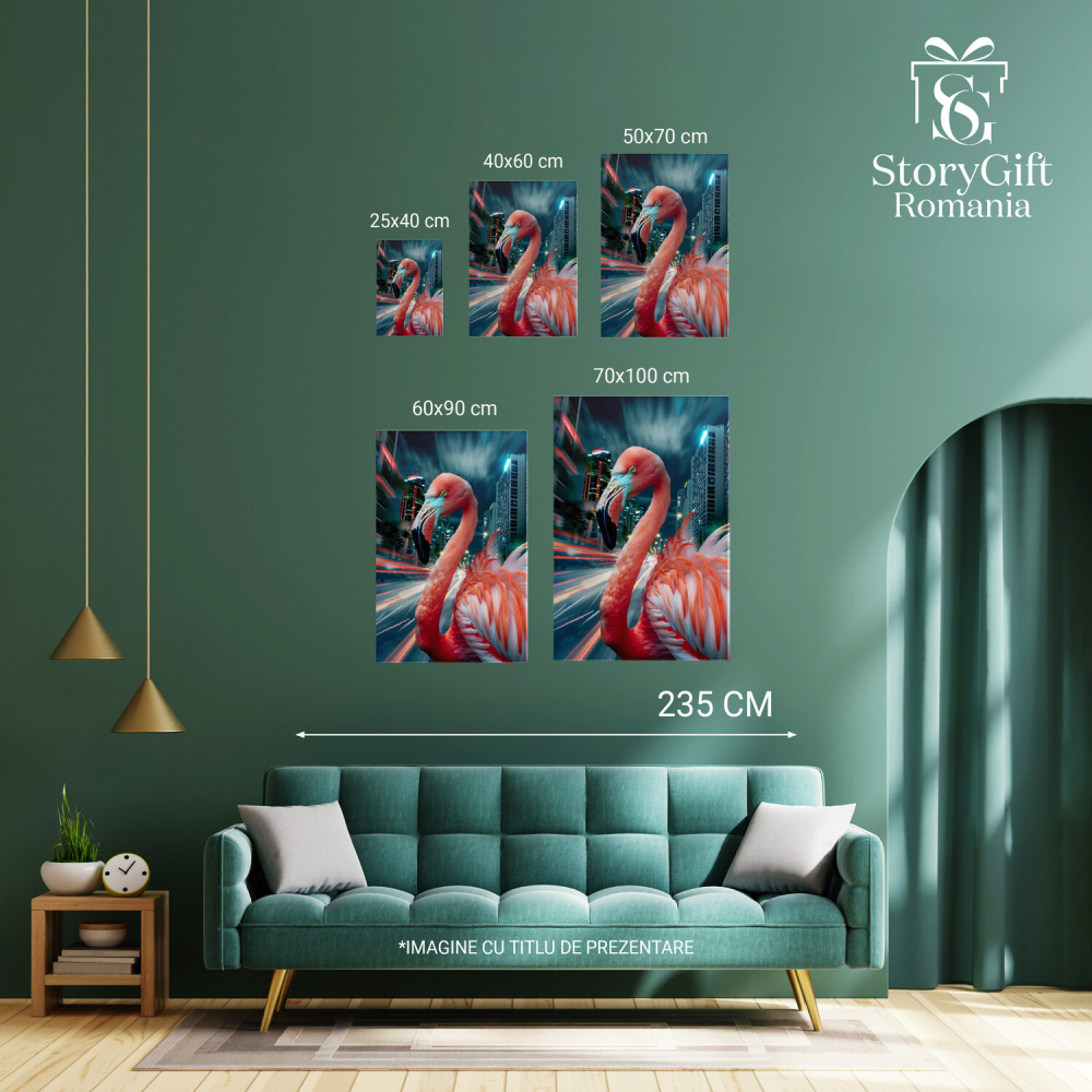 Tablou Canvas - Flamingoul Vitezoman cu Pene Roz Catifelate, Lumini în Voteză, Marime 40x25CM [4]
