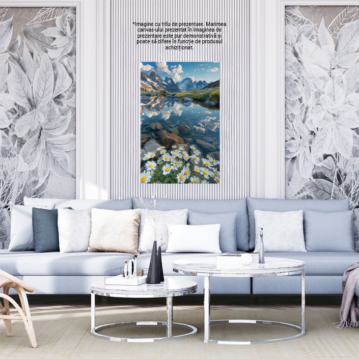 Tablou Canvas: Flori de Câmp Mușețel pe Marginea Apei Cristaline Vederea Munților Scăldați de Soare Pictura Digitala 40x25CM [2]