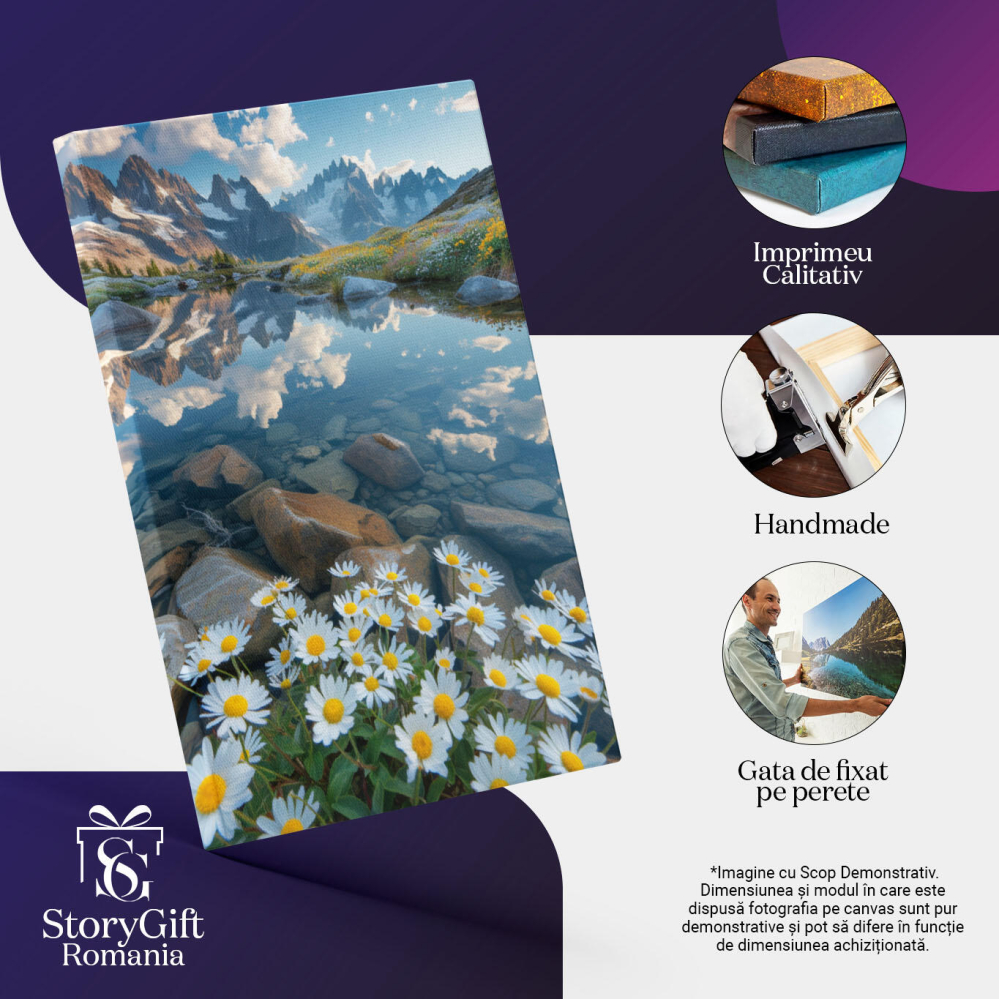 Tablou Canvas: Flori de Câmp Mușețel pe Marginea Apei Cristaline Vederea Munților Scăldați de Soare Pictura Digitala 40x25CM [3]