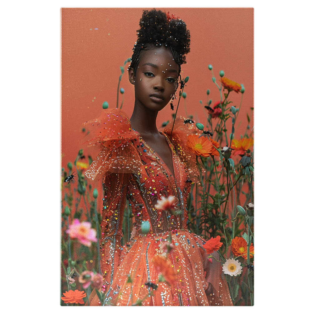 Tablou Canvas Fata Africană Îmbrăcată în Rochie Elegantă Printre Flori Colorate, Marime 40x25CM [1]