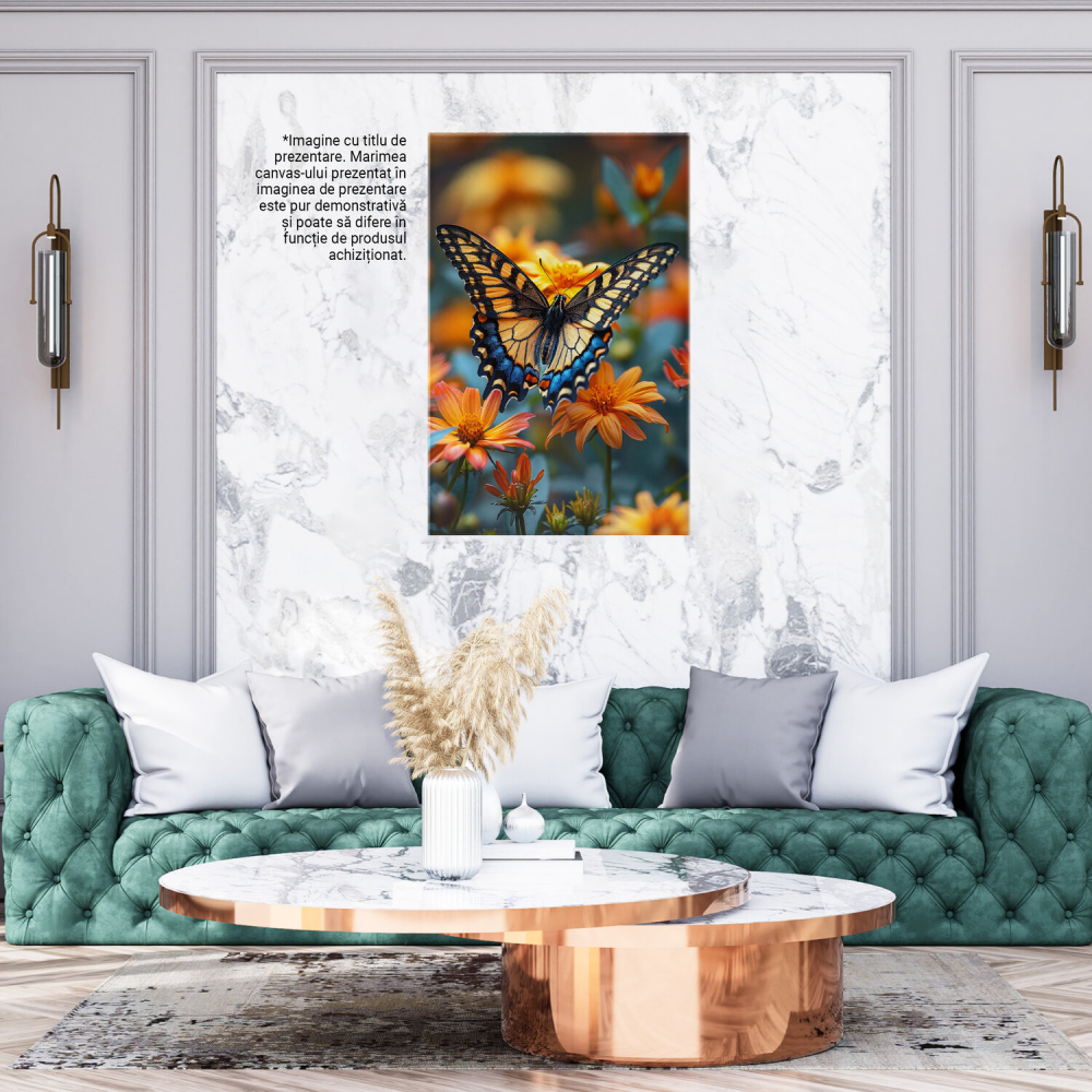 Fluturele Zburător - Tablou Canvas cu Zborul din Floare în Floare în Nuanțe de Portocaliu, Marime 40x25CM [3]