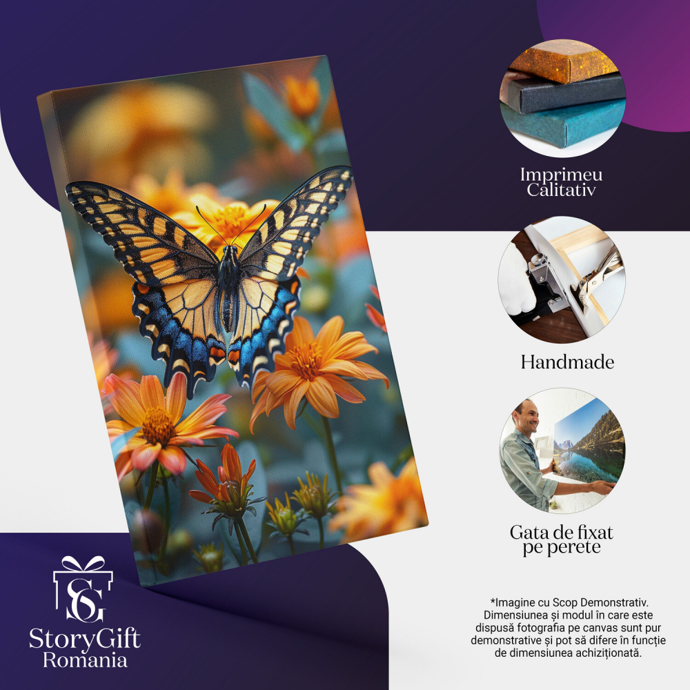 Fluturele Zburător - Tablou Canvas cu Zborul din Floare în Floare în Nuanțe de Portocaliu, Marime 40x25CM [2]