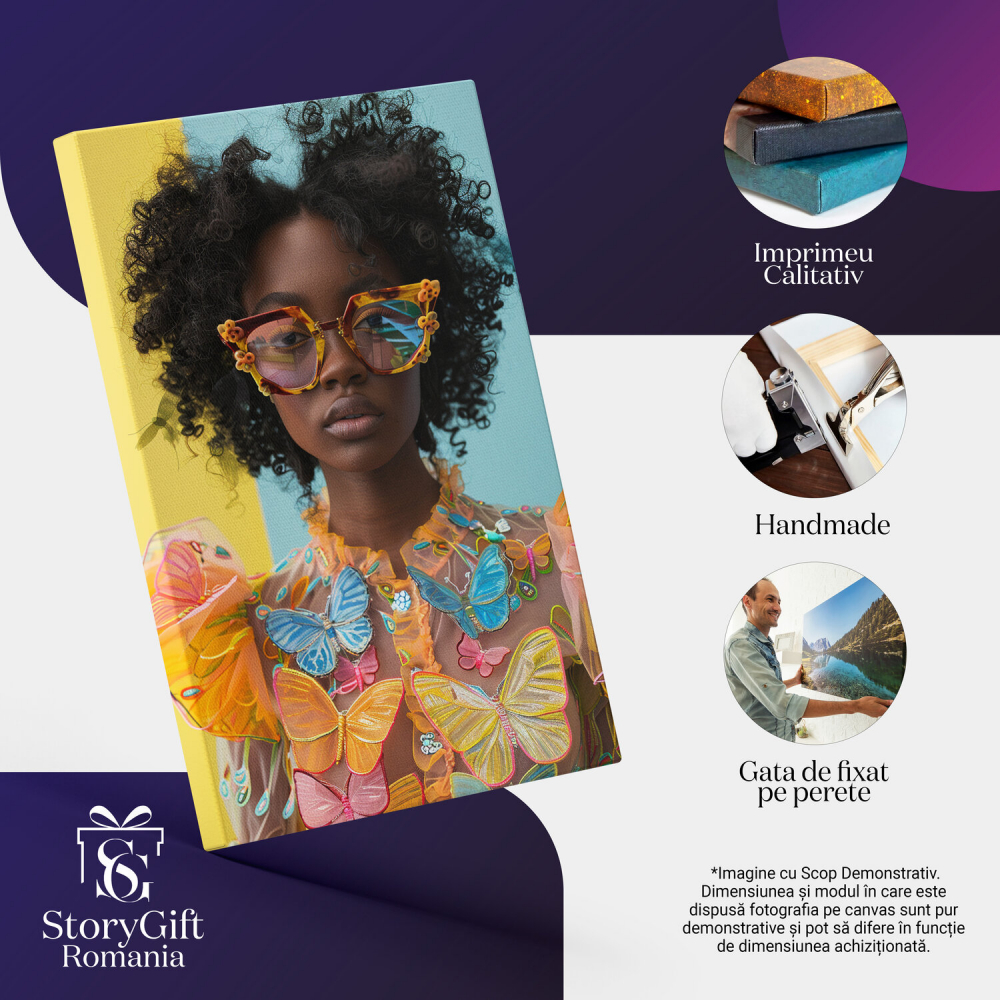 Fluturi și Culoare - Tablou Canvas cu Femeia cu Piele Africană, Marime 40x25CM [2]