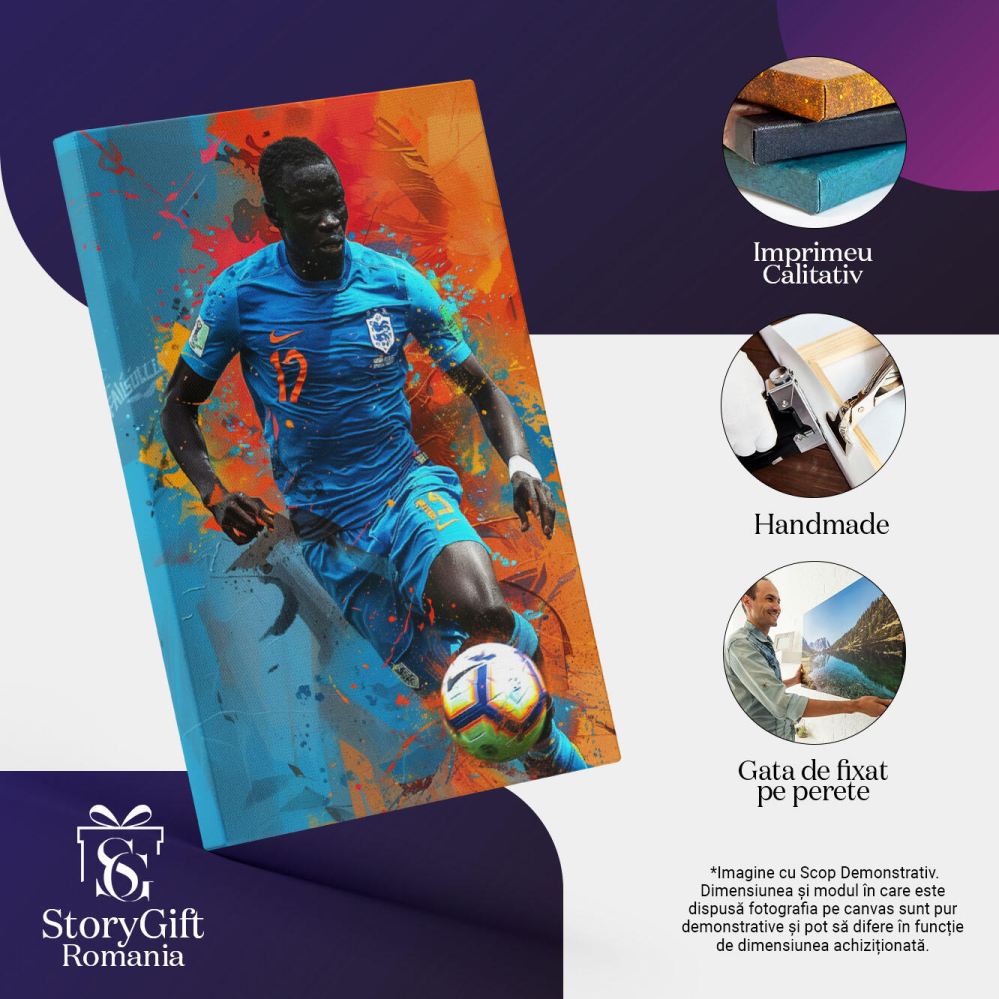 Tablou Canvas  Fotbalist African in Echipament Albastru cu Numarul 12 si Minge Alba cu Model in Decor Colorat , Pictura Digitala 40x25CM [3]