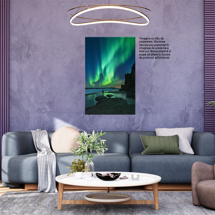 Tablou Canvas:  Fotografie cu aurora boreala - insula apa fenomen om in departare Pictura Digitala 40x25CM [2]