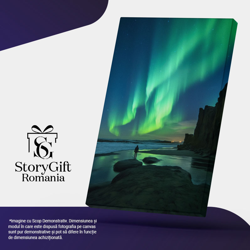 Tablou Canvas:  Fotografie cu aurora boreala - insula apa fenomen om in departare Pictura Digitala 40x25CM [5]