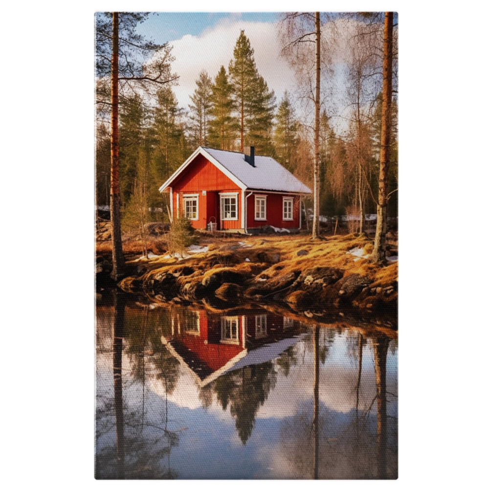 Tablou Canvas Căsuță Retrasă în Natură | Pictură Digitală cu Pădure și Apă, Marime 40x25CM [1]