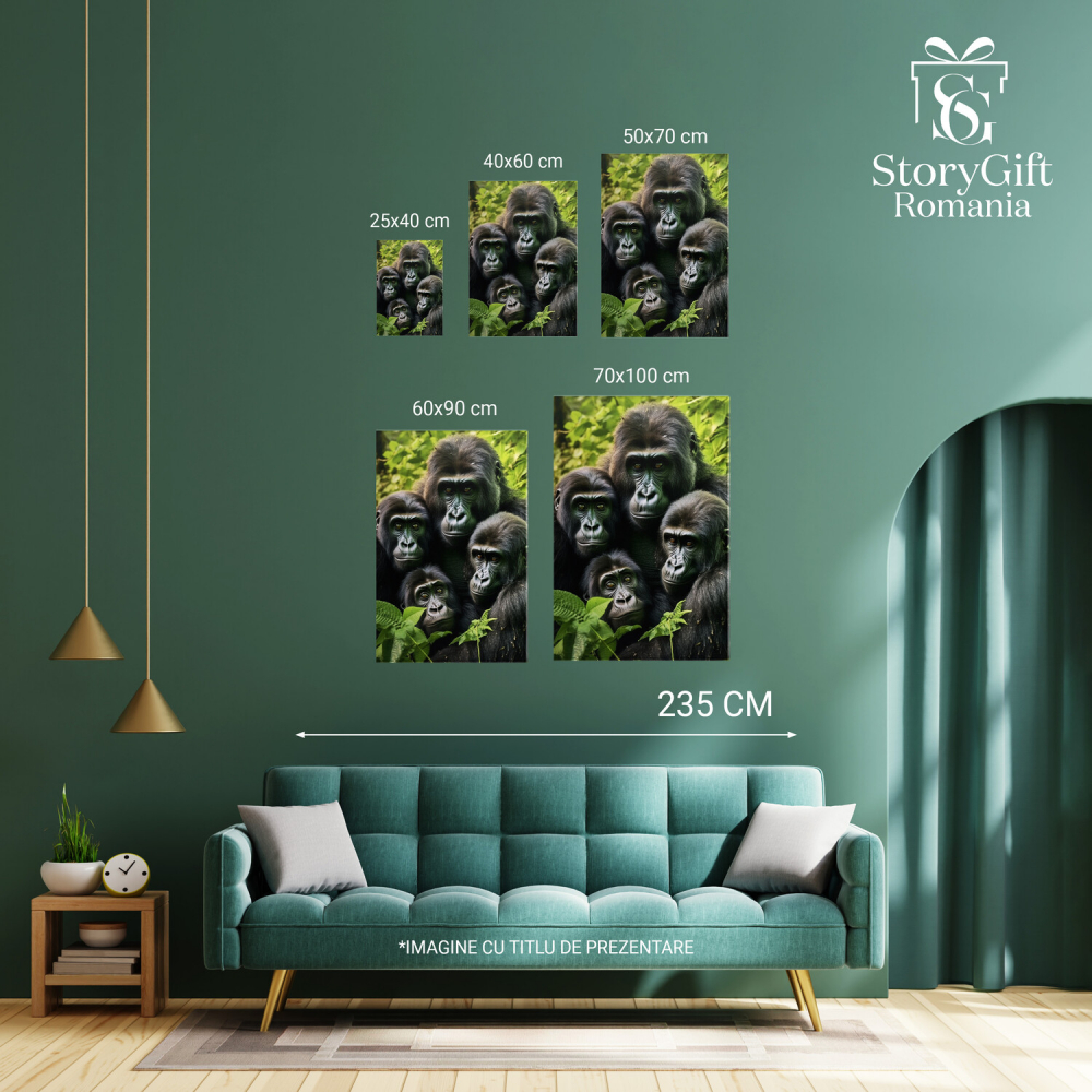 Tablou Canvas Fotografie cu o Familie de Gorile în Natură Verde | Pictură Digitală, Marime 40x25CM [3]