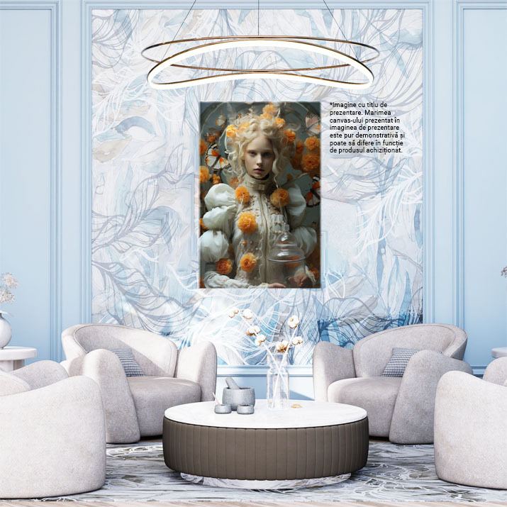 Tablou Canvas:  Fotografie cu o fata blonda care tine un vas din sticla - flori fluturi Pictura Digitala 40x25CM [2]