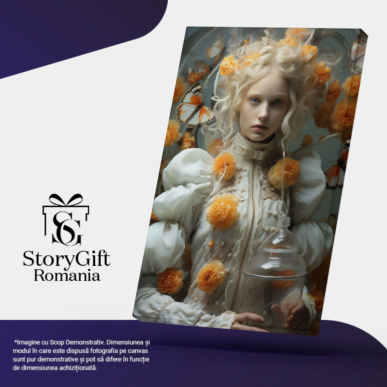 Tablou Canvas:  Fotografie cu o fata blonda care tine un vas din sticla - flori fluturi Pictura Digitala 40x25CM [5]