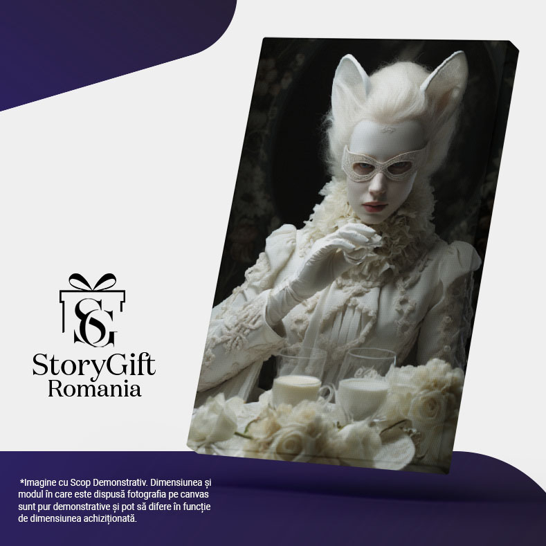 Tablou Canvas:  Fotografie cu o fata cu urechi de pisica - masca pictata haine albe flori pahare cu lapte Pictura Digitala 40x25CM [5]