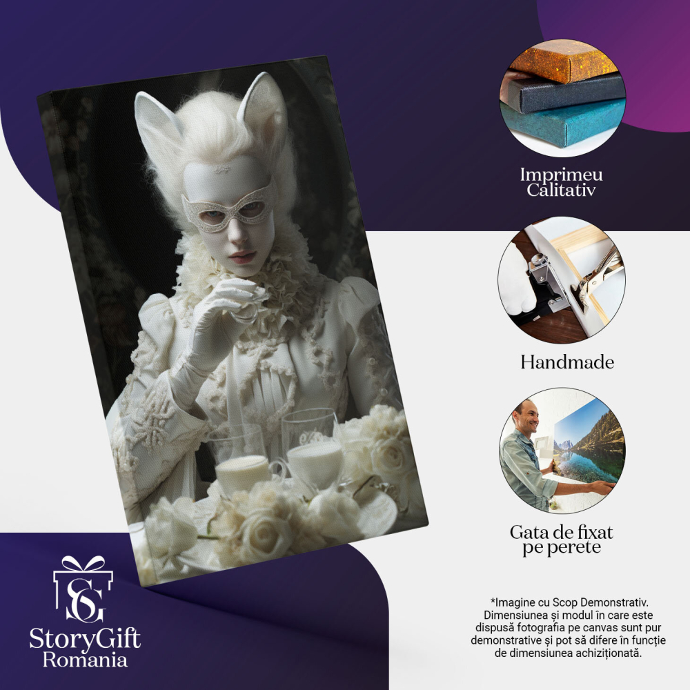 Tablou Canvas:  Fotografie cu o fata cu urechi de pisica - masca pictata haine albe flori pahare cu lapte Pictura Digitala 40x25CM [3]
