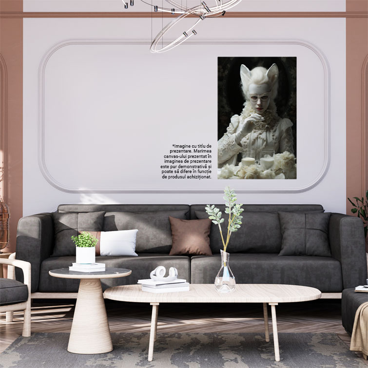 Tablou Canvas:  Fotografie cu o fata cu urechi de pisica - masca pictata haine albe flori pahare cu lapte Pictura Digitala 40x25CM [2]